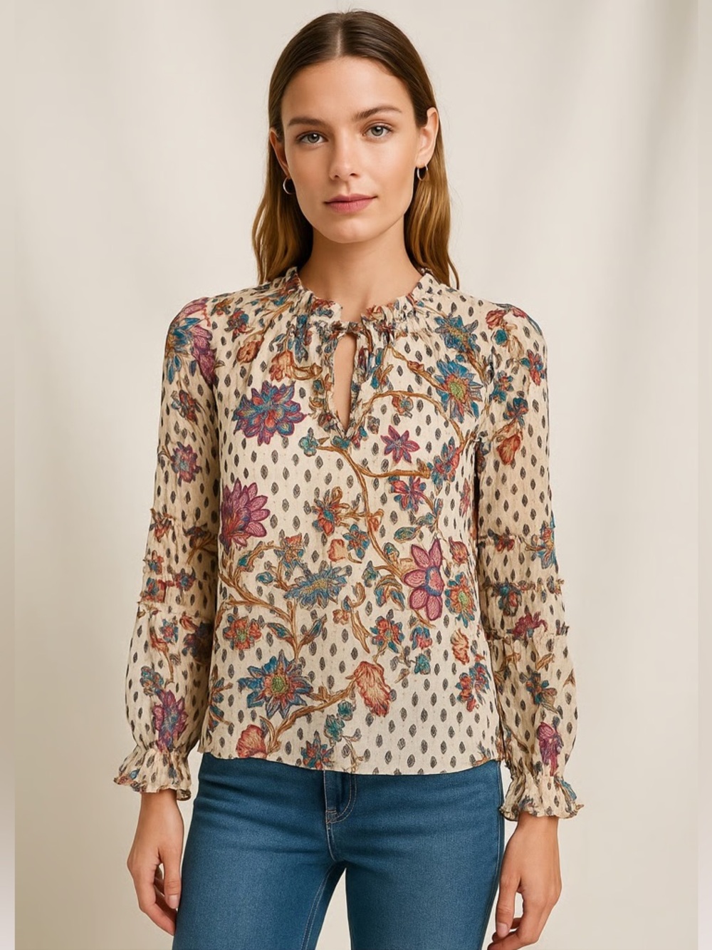 LOFT Floral Split Neck Blouse With Metallic Accents